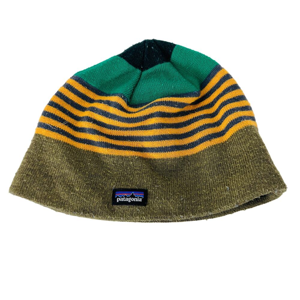 Patagonia Toddler Beanie Hat Striped Pattern‎ Knit Logo Patch Green Yellow Boys